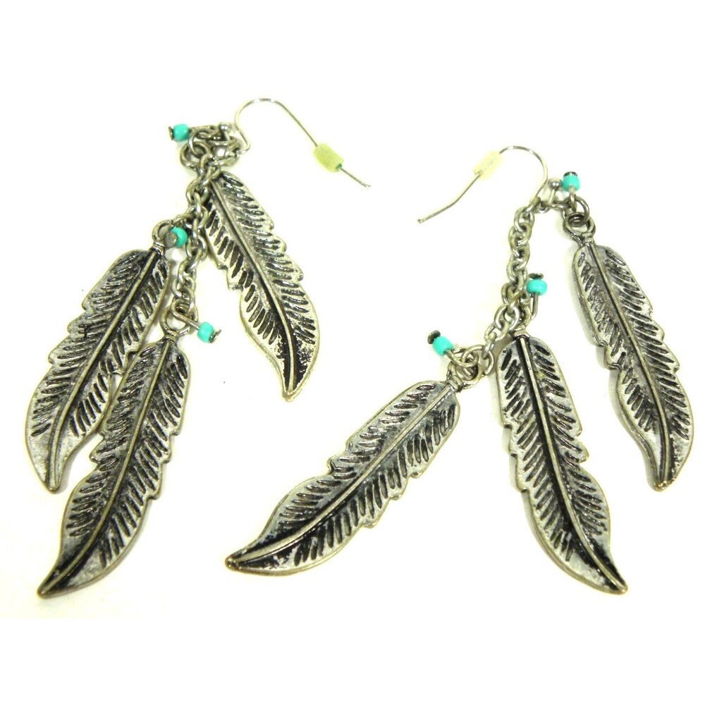 Long Feather Earrings Tribal Southwestern Silver Tone Beaded Pierced
